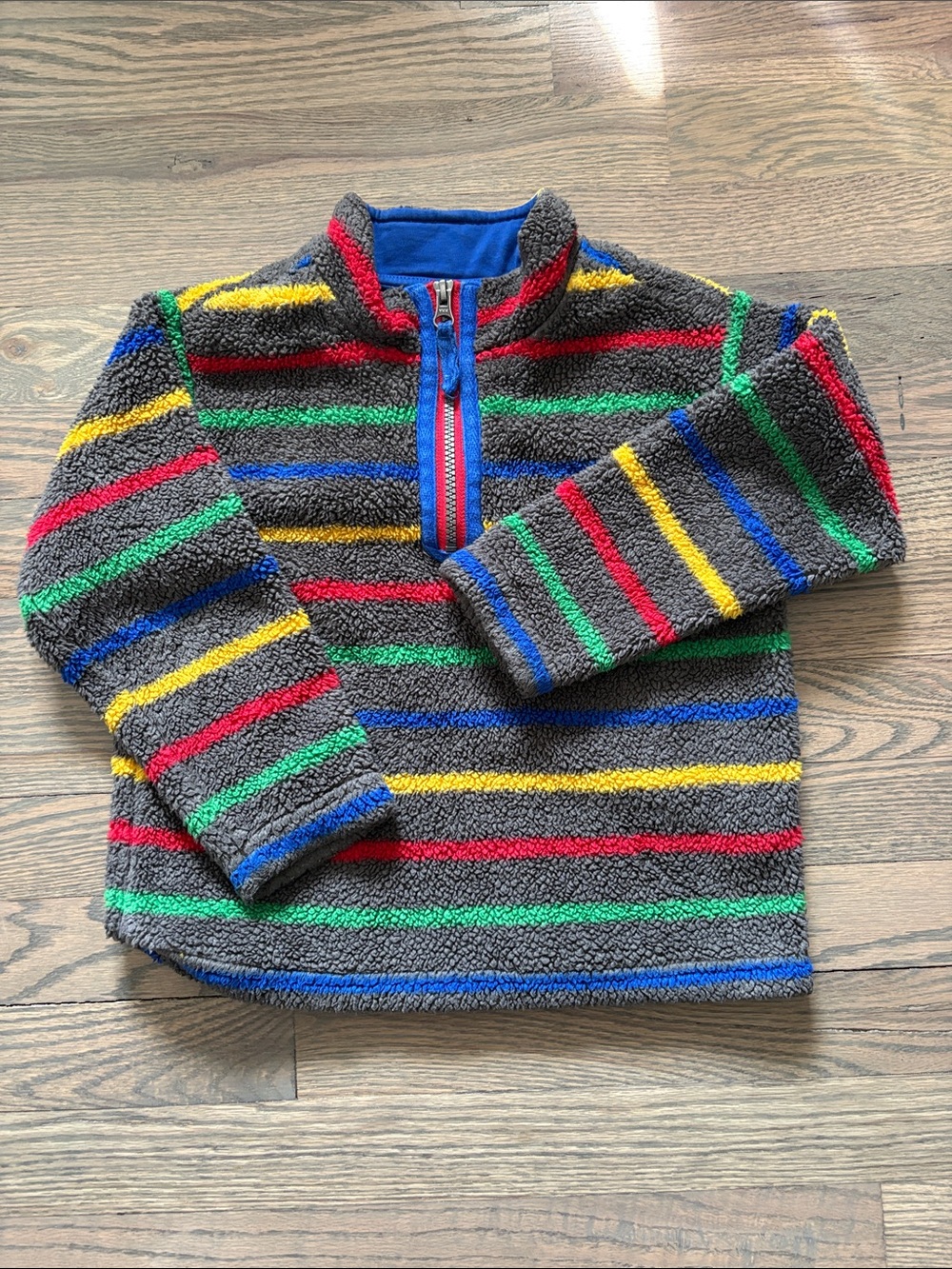 Hanna Andersson Gray Sherpa Pullover with Red, Green, Blue & Yellow Stripes